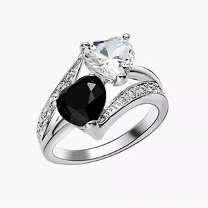 New Double Heart Shaped White & Black Sapphire Silver Ring.